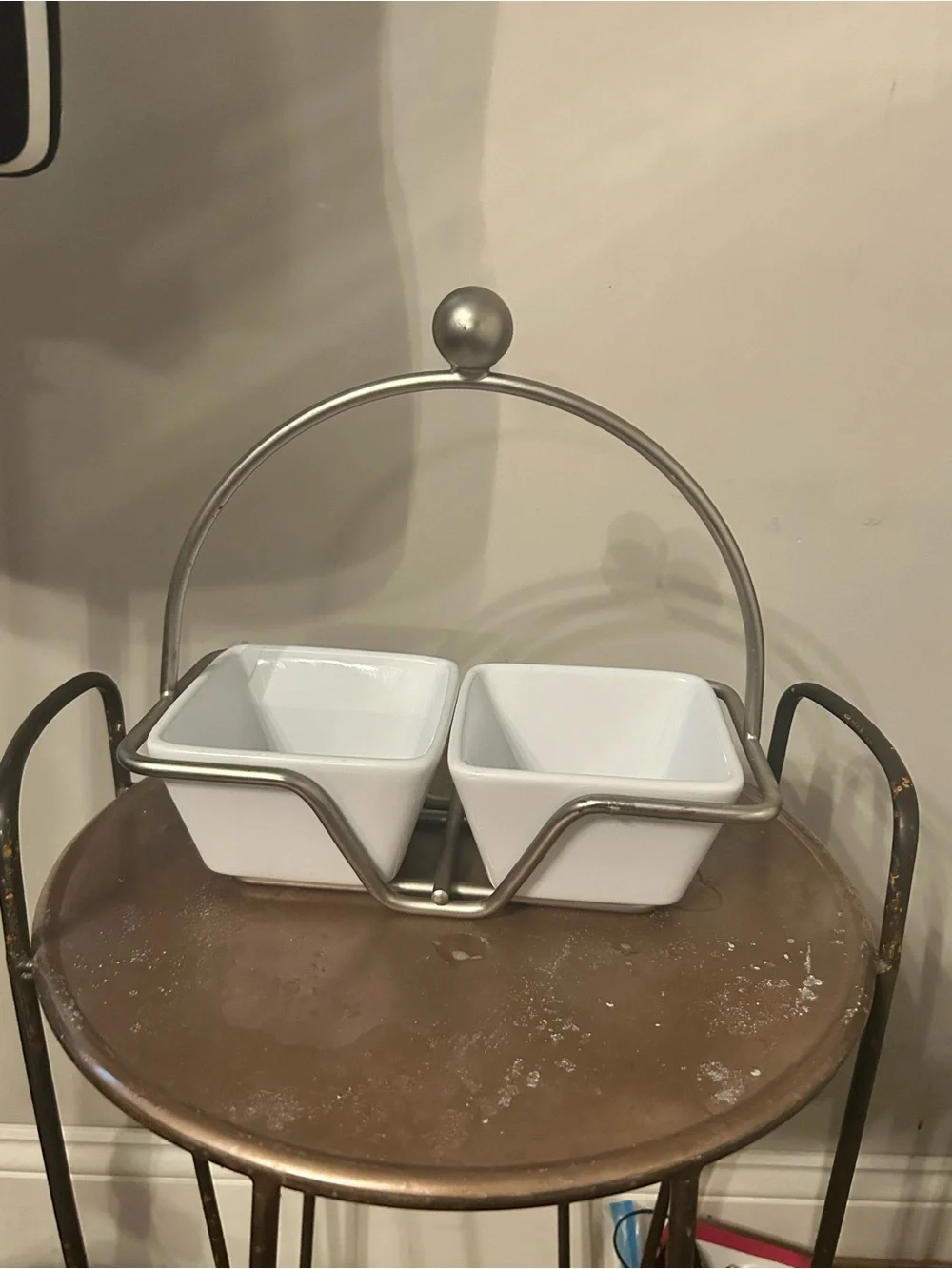 The Pampered Chef White Ceramic Double Dip Bowl Set with Metal Stand